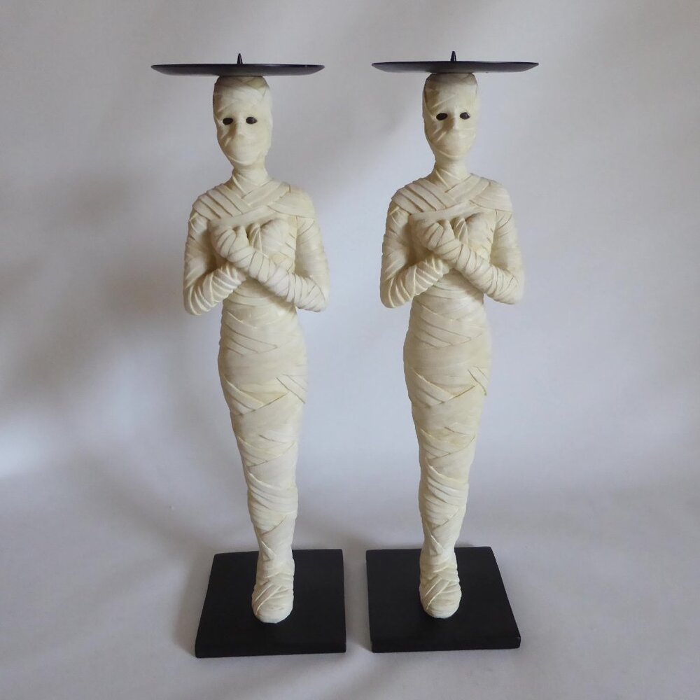 NEW 12” HALLOWEEN DECOR GOTHIC ODDITY EGYPTIAN MUMMY CANDLE HOLDER SET